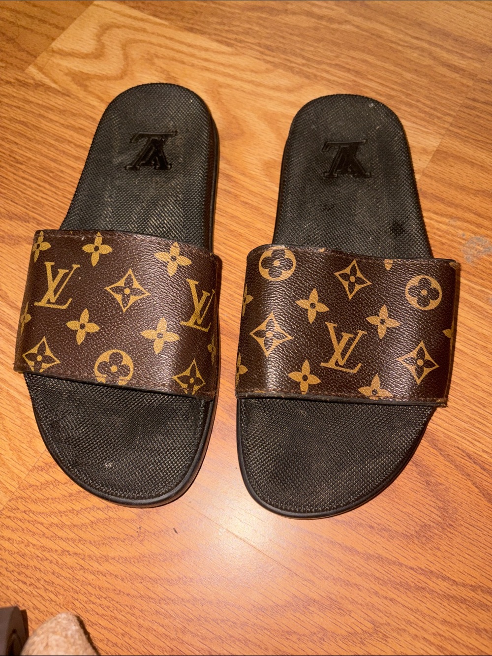 Louis Vuitton Monogram Slide Sandals - Brown and Gold Accents